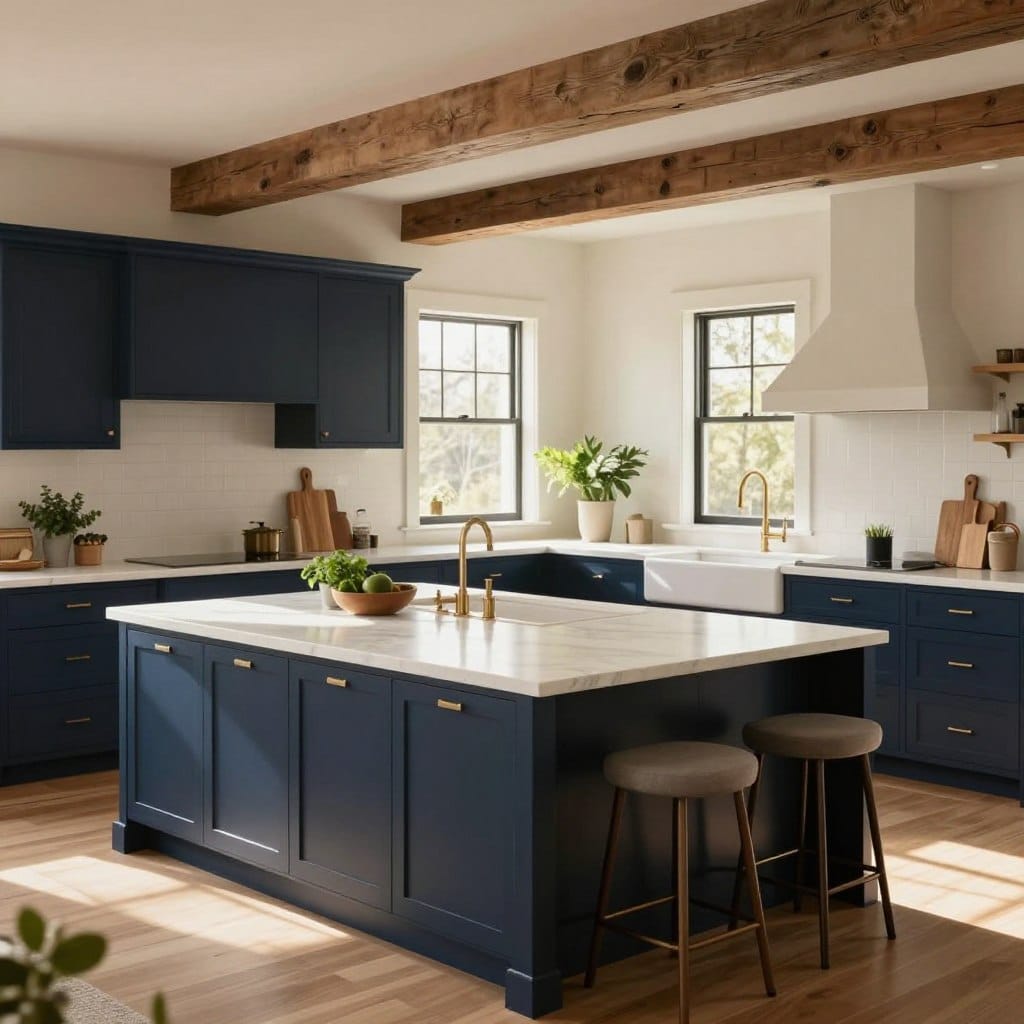 A modern farmhouse kitchen featuring an integrated kitchen island adorned with sleek, navy shaker cabinetry and white marble countertops. In the foreground, the spacious kitchen island is centrally positioned, with stylish bar stools tucked neatly underneath. The cabinetry has a matte finish, complemented by brass hardware. The middle ground showcases a large farmhouse sink and an open layout with ample natural light streaming in through large windows, creating a warm, inviting atmosphere. Subtle decor, including potted herbs and wooden cutting boards, adds character. The background displays rustic wooden beams and light-colored walls, enhancing the modern farmhouse aesthetic. Soft, warm lighting casts gentle shadows, inviting a homely, cozy feeling. Capture the scene from a slightly elevated angle to emphasize the open space and harmonious design.