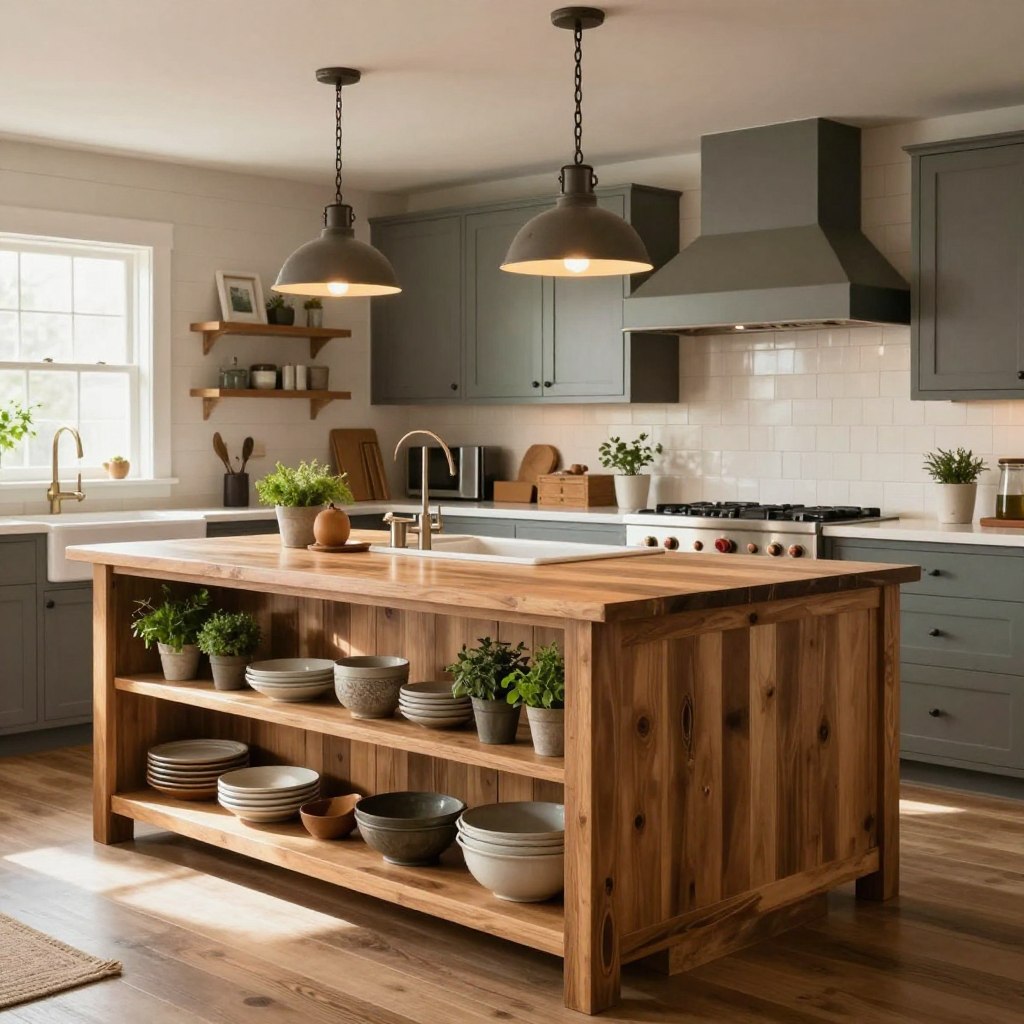 A modern farmhouse kitchen featuring an inviting open shelving island design. In the foreground, showcase a beautifully crafted kitchen island with natural wood tones, featuring open shelving on one end displaying rustic dishware and potted herbs. The middle ground highlights cohesive elements such as a farmhouse sink and industrial-style pendant lights casting warm, soft lighting. In the background, add elements like shiplap walls, vintage-inspired appliances, and subtle greenery, creating a cohesive rustic charm. The atmosphere is warm and welcoming, with a hint of sunlight filtering through a window, enhancing the homey feel. Use a wide-angle perspective to capture the entire space, emphasizing the inviting functionality of the open shelving.