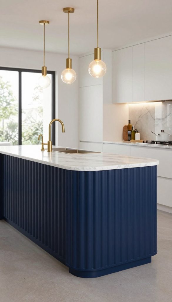 A modern fluted kitchen island that features a striking two-tone design, blending a rich navy blue with a crisp white. The foreground showcases the detailed fluted texture of the island, highlighting its elegant curves and clean lines. In the middle ground, a sleek countertop made of polished marble complements the fluted base, reflecting soft light and creating an inviting atmosphere. The kitchen surrounds the island, displaying minimalist cabinetry with brass accents and stylish pendant lights hanging overhead, casting a warm glow. The background features a modern open layout with large windows that flood the space with natural light, enhancing the luxurious feel. The overall mood is sophisticated and contemporary, perfect for a high-end kitchen.