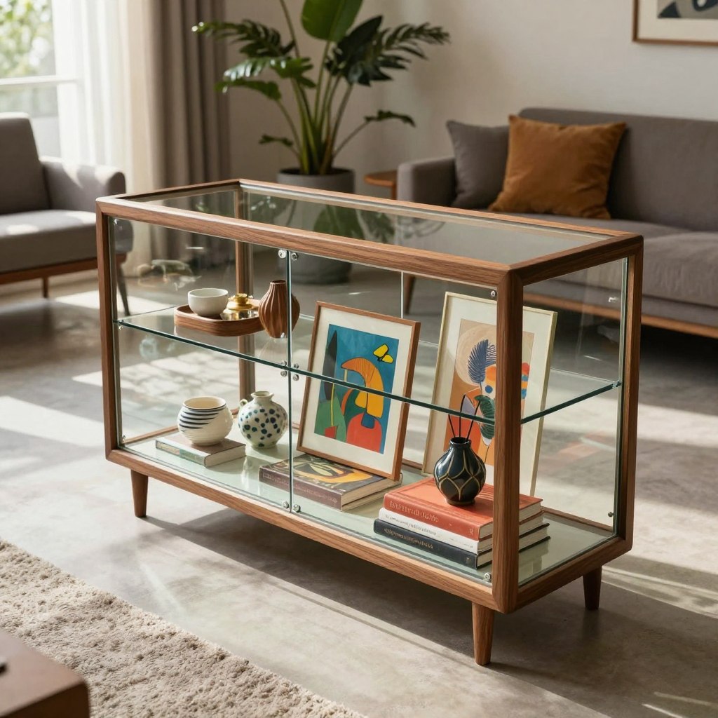 A modern glass display cabinet featuring a striking mid-century design with a rich walnut wood frame. The cabinet has sleek, minimalist lines, showcasing crystal-clear glass panels that elegantly highlight the contents within. The foreground includes the cabinet filled with vibrant art pieces, decorative ceramics, and carefully arranged books. Soft, diffused daylight streams in from a nearby window, casting gentle shadows and creating a warm, inviting atmosphere. The middle background showcases a stylish living room with contemporary furniture, adorned with a plush area rug and lush houseplants, enhancing the serene mood. Capture the image from a slightly elevated angle to convey depth, emphasizing the cabinet as the focal point while blending seamlessly with the stylish decor surrounding it. A modern glass display cabinet featuring a striking mid-century design with a rich walnut wood frame. The cabinet has sleek, minimalist lines, showcasing crystal-clear glass panels that elegantly highlight the contents within. The foreground includes the cabinet filled with vibrant art pieces, decorative ceramics, and carefully arranged books. Soft, diffused daylight streams in from a nearby window, casting gentle shadows and creating a warm, inviting atmosphere. The middle background showcases a stylish living room with contemporary furniture, adorned with a plush area rug and lush houseplants, enhancing the serene mood. Capture the image from a slightly elevated angle to convey depth, emphasizing the cabinet as the focal point while blending seamlessly with the stylish decor surrounding it.