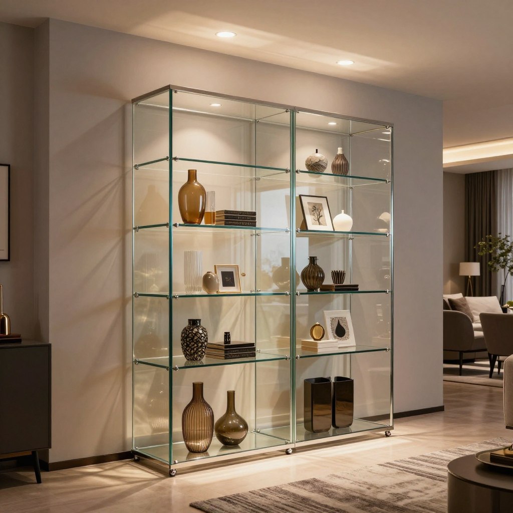 A modern glass showcase elegantly displayed in a contemporary living room setting, featuring sleek shelves filled with exquisite decorative items such as vases, art pieces, and collectibles. The glass doors reflect ambient light, creating a shimmering effect, while the soft, warm lighting from recessed ceiling fixtures adds a cozy atmosphere. The showcase sits against a minimalist backdrop of neutral-colored walls, complemented by a stylish area rug and contemporary furniture. The angle captures the piece from a slight elevation, emphasizing its height and transparency, inviting viewers to admire both the display and the inviting space around it. The overall mood is sophisticated and inviting, epitomizing modern design aesthetics. A modern glass showcase elegantly displayed in a contemporary living room setting, featuring sleek shelves filled with exquisite decorative items such as vases, art pieces, and collectibles. The glass doors reflect ambient light, creating a shimmering effect, while the soft, warm lighting from recessed ceiling fixtures adds a cozy atmosphere. The showcase sits against a minimalist backdrop of neutral-colored walls, complemented by a stylish area rug and contemporary furniture. The angle captures the piece from a slight elevation, emphasizing its height and transparency, inviting viewers to admire both the display and the inviting space around it. The overall mood is sophisticated and inviting, epitomizing modern design aesthetics.
