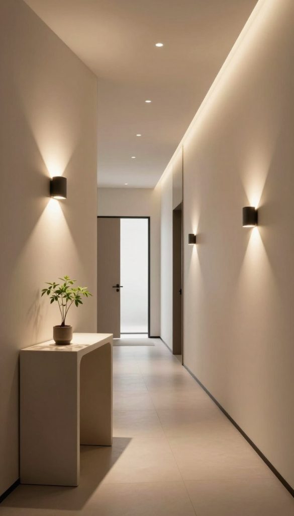 A modern hallway designed to showcase innovative lighting solutions and budget considerations. In the foreground, a sleek, minimalist console table with a small decorative plant, accentuated by warm, ambient lighting from wall-mounted fixtures. The middle features a narrow corridor lined with stylish recessed lighting and elegant pendant fixtures casting soft shadows, highlighting textures of the walls painted in a calming neutral palette. The background reveals an open door at the end of the hallway, merging natural light from an outside source with the artistic lighting design. The atmosphere is serene and inviting, embodying a transformation that balances functionality and aesthetic appeal, perfect for illustrating a budget breakdown.