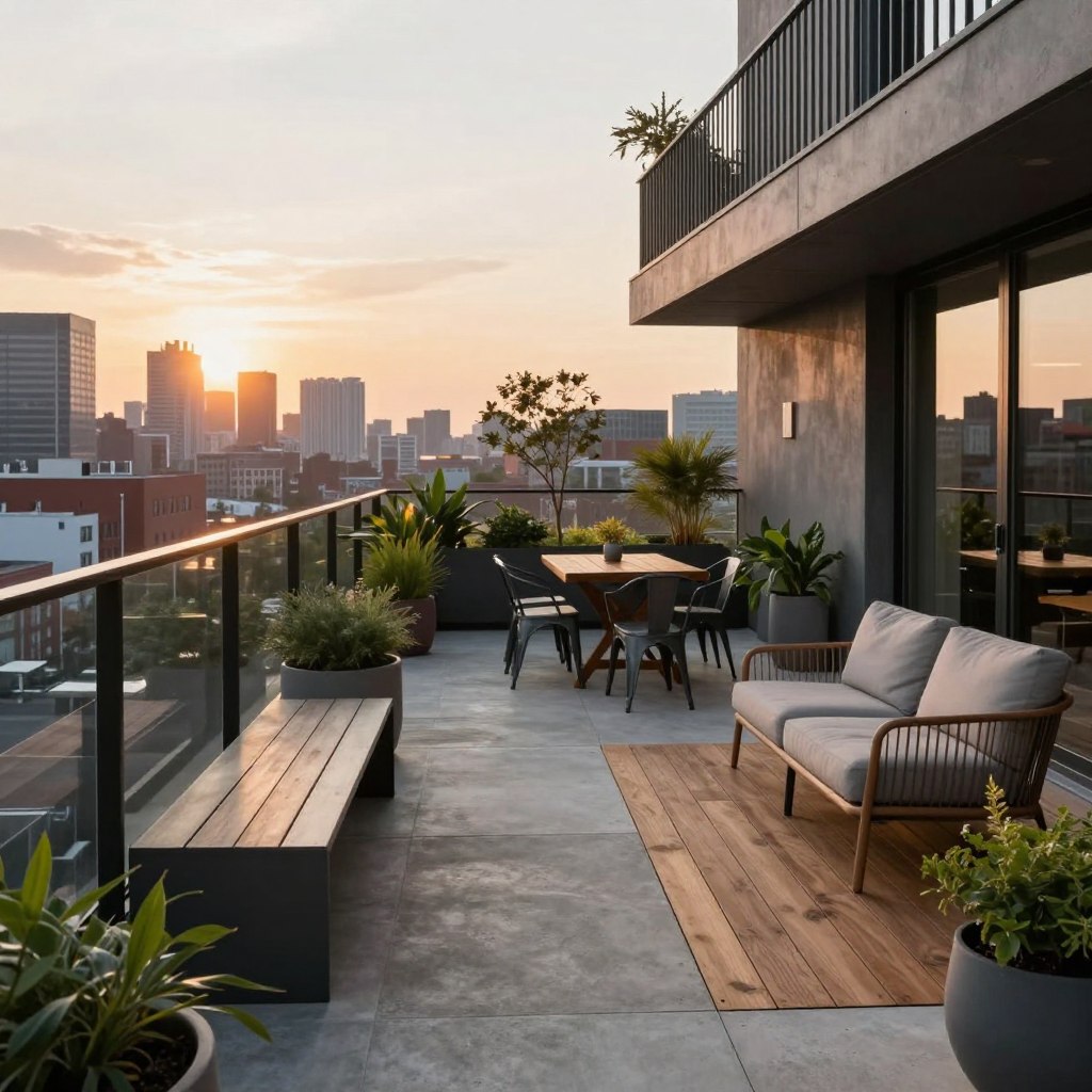 A modern industrial terrace apartment featuring a stylish outdoor space with a sleek, minimalist design. In the foreground, showcase a concrete and wood deck with comfortable seating, such as a simple metal bench and a couple of accent chairs. Potted plants with lush greenery accentuate the space, adding warmth. In the middle ground, include a small dining area with a rustic wooden table and metal chairs, designed for urban dining under the open sky. The background features a city skyline at sunset, with soft warm lighting casting a golden hue over the scene. Use a slightly elevated angle to capture the terrace's inviting atmosphere within an urban setting, creating a sleek yet cozy vibe ideal for enjoying stunning city views.