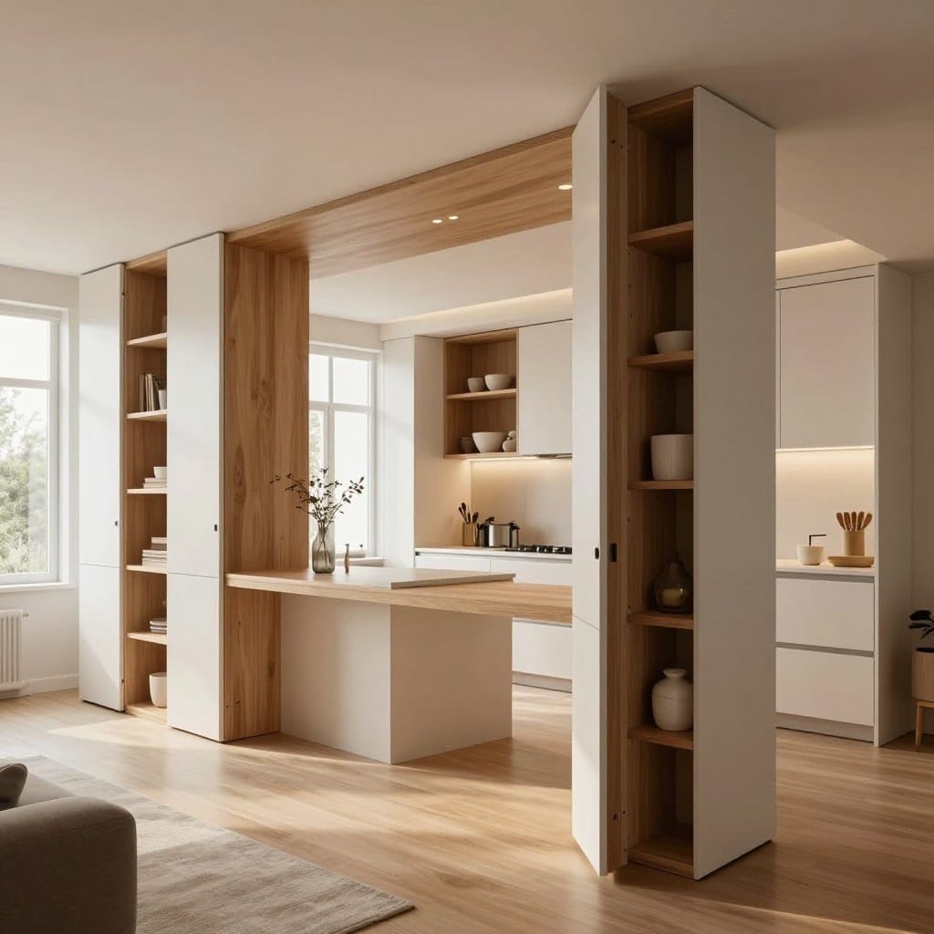 A modern integrated kitchen living room layout showcasing innovative vertical storage solutions. In the foreground, a sleek, open design with tall, fitted cabinets that reach the ceiling, incorporating pull-out shelves and display areas for decorative items. The middle features a stylish kitchen island with integrated shelving, blending functionality and aesthetics. In the background, large windows allow natural light to flood the space, enhancing the airy atmosphere. Warm wooden tones combined with minimalist, contemporary white cabinetry create a cozy yet sophisticated feel. Soft, ambient lighting highlights the vertical storage units, casting gentle shadows. The perspective is a wide-angle view that captures the unity of the kitchen and living space, promoting a sense of openness and efficiency. The overall mood is inviting and practical, perfect for small space solutions.