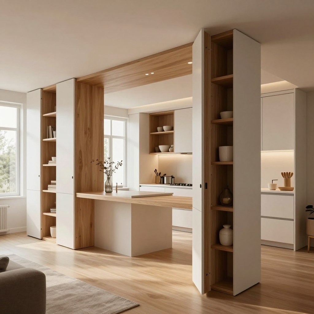 A modern integrated kitchen living room layout showcasing innovative vertical storage solutions. In the foreground, a sleek, open design with tall, fitted cabinets that reach the ceiling, incorporating pull-out shelves and display areas for decorative items. The middle features a stylish kitchen island with integrated shelving, blending functionality and aesthetics. In the background, large windows allow natural light to flood the space, enhancing the airy atmosphere. Warm wooden tones combined with minimalist, contemporary white cabinetry create a cozy yet sophisticated feel. Soft, ambient lighting highlights the vertical storage units, casting gentle shadows. The perspective is a wide-angle view that captures the unity of the kitchen and living space, promoting a sense of openness and efficiency. The overall mood is inviting and practical, perfect for small space solutions. A modern integrated kitchen living room layout showcasing innovative vertical storage solutions. In the foreground, a sleek, open design with tall, fitted cabinets that reach the ceiling, incorporating pull-out shelves and display areas for decorative items. The middle features a stylish kitchen island with integrated shelving, blending functionality and aesthetics. In the background, large windows allow natural light to flood the space, enhancing the airy atmosphere. Warm wooden tones combined with minimalist, contemporary white cabinetry create a cozy yet sophisticated feel. Soft, ambient lighting highlights the vertical storage units, casting gentle shadows. The perspective is a wide-angle view that captures the unity of the kitchen and living space, promoting a sense of openness and efficiency. The overall mood is inviting and practical, perfect for small space solutions.