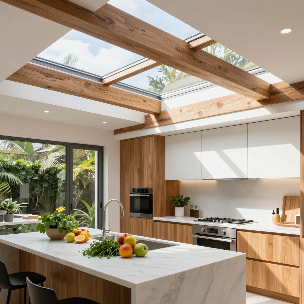 A modern kitchen bathed in natural light, featuring large skylights integrated with stunning architectural beams made of warm, polished wood. In the foreground, a sleek kitchen island with a white marble countertop showcases fresh herbs and colorful fruits, enhancing the organic feel. In the middle ground, the stylish cabinetry combines natural wood accents with white finishes, creating a harmonious blend of materials. The skylights above invite rays of sunshine, casting soft shadows and creating a bright, inviting atmosphere. In the background, lush indoor plants peek out from the corners, emphasizing the connection to nature. The scene is illuminated by gentle, diffused sunlight, capturing a cheerful and airy mood. Shot from a wide-angle perspective to emphasize the spaciousness and design elements.