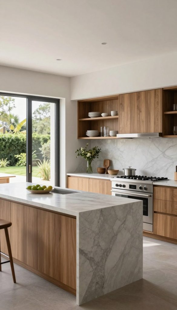 A modern kitchen design showcasing a seamless flow between indoor and outdoor spaces, emphasizing continuous materials and coordinated color schemes. Foreground features sleek, minimalist kitchen island with a polished marble countertop, complemented by warm wooden cabinetry. Middle section includes open shelving displaying elegant dinnerware, glass vases with greenery, and state-of-the-art appliances in stainless steel. Background highlights large bi-fold glass doors that open to a sunlit outdoor patio, surrounded by lush greenery. Natural light floods the space, enhancing the harmonious color palette of soft whites, muted grays, and earthy tones. The overall atmosphere is inviting and sophisticated, perfect for a contemporary living experience. Use a wide-angle shot to capture the expansive feel of the kitchen.