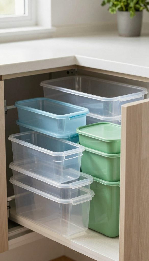 A modern kitchen drawer filled with an organized assortment of stackable plastic bins, showcasing a variety of sizes and colors like transparent clear, soft blue, and vibrant green. The bins are neatly arranged from largest at the back to smallest at the front, displaying their practical design, including handles and stacking features. The scene is illuminated with soft, natural light streaming from a nearby window, highlighting the bins' glossy surfaces and textures. The background consists of a clean, minimalist kitchen aesthetic, with muted wooden cabinet tones and a hint of fresh herbs in a pot, conveying an inviting and functional atmosphere. The angle is a close-up, focused on the bins, emphasizing their utility in vertical drawer organization without any people in sight.