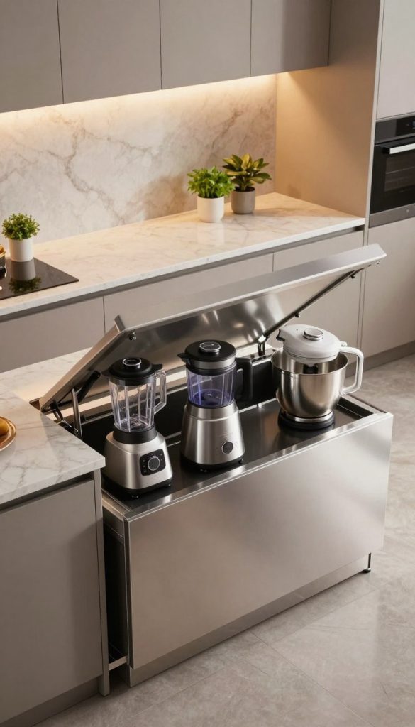 A modern kitchen featuring a sleek, pop-up countertop lift system elegantly concealing a set of high-end kitchen appliances like a blender, food processor, and mixer. In the foreground, the lift is partially raised, showcasing the appliances, with polished stainless steel surfaces reflecting ambient light. The middle layer shows a stylish quartz countertop with minimalistic design elements, and a few green herbs in small pots to add a touch of color. The background displays contemporary cabinetry with soft, warm lighting that creates an inviting atmosphere. The scene is captured from a slight overhead angle, emphasizing the functionality and seamless integration of the pop-up system in a luxurious kitchen space, evoking a sense of modern sophistication and clever design.