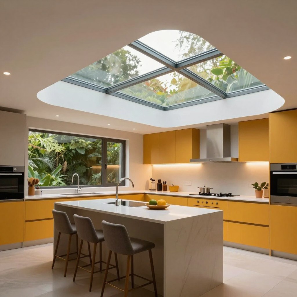 A modern kitchen featuring a stunning curved skylight design that adds an elegant touch. In the foreground, sleek kitchen countertops with minimalist design elements, including a stylish island with bar stools. The middle section displays the gracefully arched skylight, allowing natural light to pour in, highlighting the vibrant kitchen colors and textures. In the background, lush greenery is visible through the skylight, creating a serene atmosphere. The lighting is bright and warm, enhancing the kitchen's inviting ambiance. The scene is captured from a slightly elevated angle, using a wide lens to showcase the entire space. The mood is fresh and contemporary, ideal for a unique kitchen experience. No human figures are present in the scene.