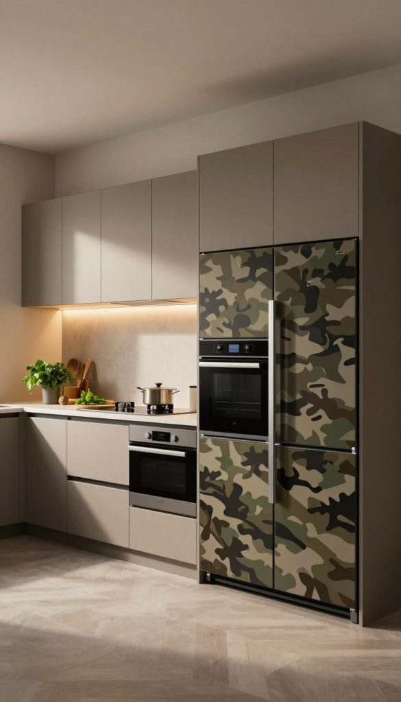 A modern kitchen featuring custom cabinet panels seamlessly integrated with camouflaged kitchen appliances. In the foreground, sleek cabinet doors exhibit patterns that blend in with the overall cabinetry, designed to conceal a refrigerator, oven, and dishwasher. The middle section highlights a stylish countertop adorned with fresh herbs and kitchen tools, enhancing the sense of functionality without revealing the appliances. The background showcases soft, ambient lighting that casts gentle shadows across the space, creating a warm and inviting atmosphere. The angle captures a slight bird's-eye view, emphasizing the harmony between the appliances and cabinetry. The overall mood is modern and sophisticated, ideal for minimalist design enthusiasts seeking innovative ways to conceal everyday kitchen essentials.