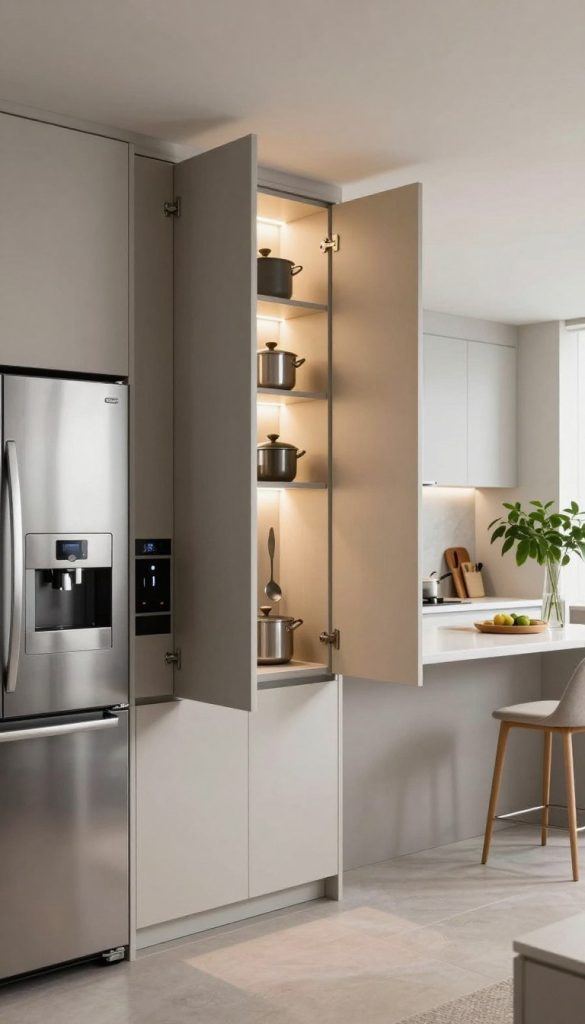 A modern kitchen featuring discreetly concealed appliances behind elegant pocket doors. In the foreground, sleek stainless-steel appliances such as a refrigerator and coffee machine are seamlessly integrated into cabinetry. The middle layer showcases open pocket doors, revealing neatly organized kitchen tools and pots, with a soft light illuminating them from within, creating a warm and inviting atmosphere. The background boasts a stylish kitchen island with a white quartz countertop, complemented by minimalist bar stools and lush green plants, adding a touch of freshness. Use soft, diffused lighting to highlight the design without harsh shadows. The angle should be slightly elevated, offering a comprehensive view of this contemporary kitchen layout, emphasizing the seamless blend of functionality and style.