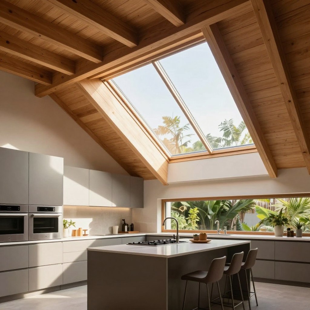 A modern kitchen featuring pitched roof skylights that open up the space to natural light. The foreground includes sleek cabinetry with a minimalist design, showcasing stainless steel appliances and a central island with bar stools, elegantly arranged. In the middle, the skylights are prominent, with sunlight streaming through, creating a warm glow that highlights the textures of the wooden beams and ceiling. The background displays lush greenery visible through the skylights, enhancing the connection to the outdoors. Use a warm color palette to evoke a cozy yet modern atmosphere, with soft shadows that add depth. Capture the scene from an eye-level perspective with a wide-angle lens, emphasizing the openness of the design, and ensure the lighting is bright but diffused for a welcoming feel. A modern kitchen featuring pitched roof skylights that open up the space to natural light. The foreground includes sleek cabinetry with a minimalist design, showcasing stainless steel appliances and a central island with bar stools, elegantly arranged. In the middle, the skylights are prominent, with sunlight streaming through, creating a warm glow that highlights the textures of the wooden beams and ceiling. The background displays lush greenery visible through the skylights, enhancing the connection to the outdoors. Use a warm color palette to evoke a cozy yet modern atmosphere, with soft shadows that add depth. Capture the scene from an eye-level perspective with a wide-angle lens, emphasizing the openness of the design, and ensure the lighting is bright but diffused for a welcoming feel.