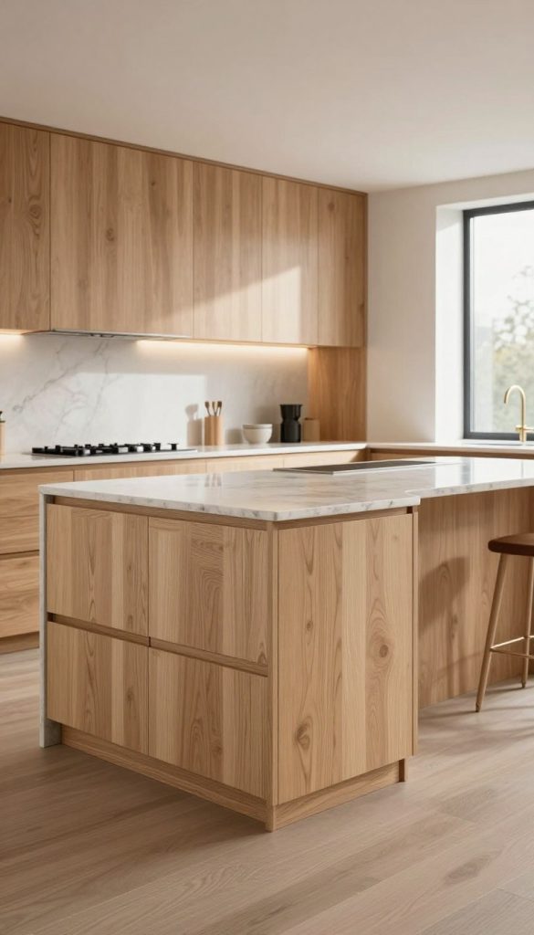 A modern kitchen featuring sleek, handleless white oak push-to-open cabinets, exuding warmth and luxury. In the foreground, focus on the elegantly crafted cabinetry, showcasing the rich grain patterns of the white oak wood. The middle ground includes a minimalist kitchen island with a polished quartz countertop, harmonizing with the cabinetry. In the background, soft, ambient lighting highlights the natural texture of the oak, creating a cozy atmosphere. The space is bright, with natural light streaming through large windows, enhancing the cabinetry's warm tones. Capture the scene using a wide-angle lens to emphasize the spaciousness of the kitchen, portraying a perfect blend of modern design and inviting elegance.