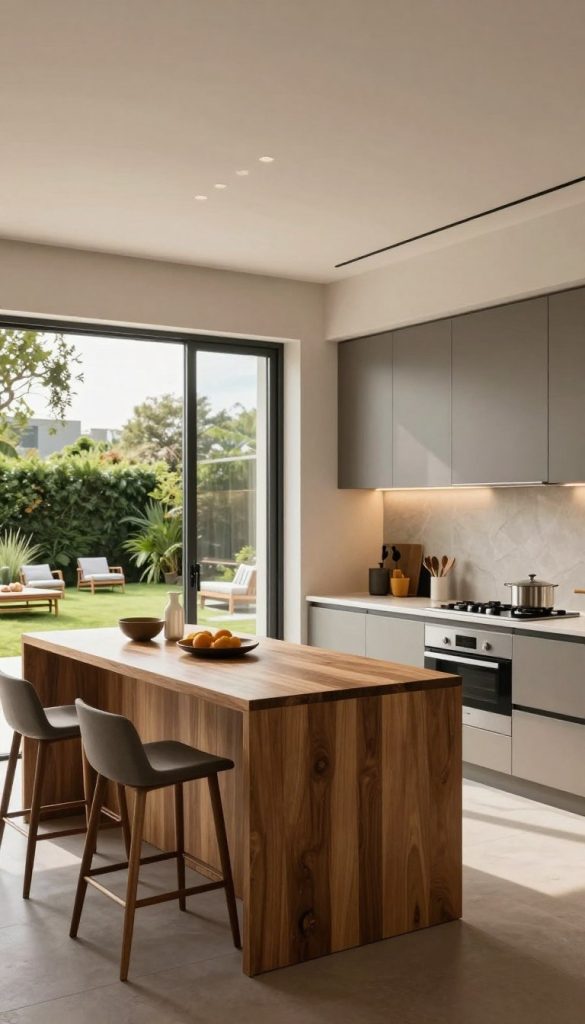 A modern kitchen featuring sleek, minimalist cabinetry and high-end appliances, showcasing an inviting indoor-outdoor flow. In the foreground, a stylish kitchen island with barstools, crafted from natural wood with a polished countertop. The middle ground includes expansive glass doors that seamlessly connect the kitchen to an outdoor patio, where lush greenery and comfortable seating invite relaxation. The background highlights a bright, airy atmosphere, flooded with natural light from large windows. The ambiance is warm and contemporary, with soft, diffused lighting to enhance the kitchen's modern aesthetic. The angle captures the openness of the space, emphasizing the harmony between indoor and outdoor living while creating a serene and welcoming environment.
