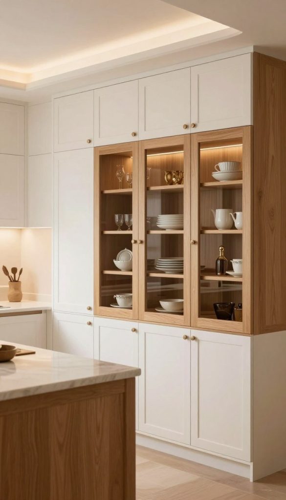 A modern kitchen featuring sleek white oak cabinets with integrated glass front panels. The cabinets should showcase a warm, inviting finish, accentuating the natural grain of the oak. The foreground includes an elegant kitchen island with a subtle marble countertop, complementing the cabinetry. In the middle ground, highlight the glass front panels of the cabinets, displaying neatly arranged dishware and decorative items. The background presents a softly lit kitchen space with recessed lighting, creating a cozy and luxurious atmosphere. Use a soft focus lens effect to enhance the warm ambiance, and opt for a slightly elevated angle to showcase the depth of the cabinetry. The overall mood should be elegant and contemporary, inviting a sense of warmth and sophistication.