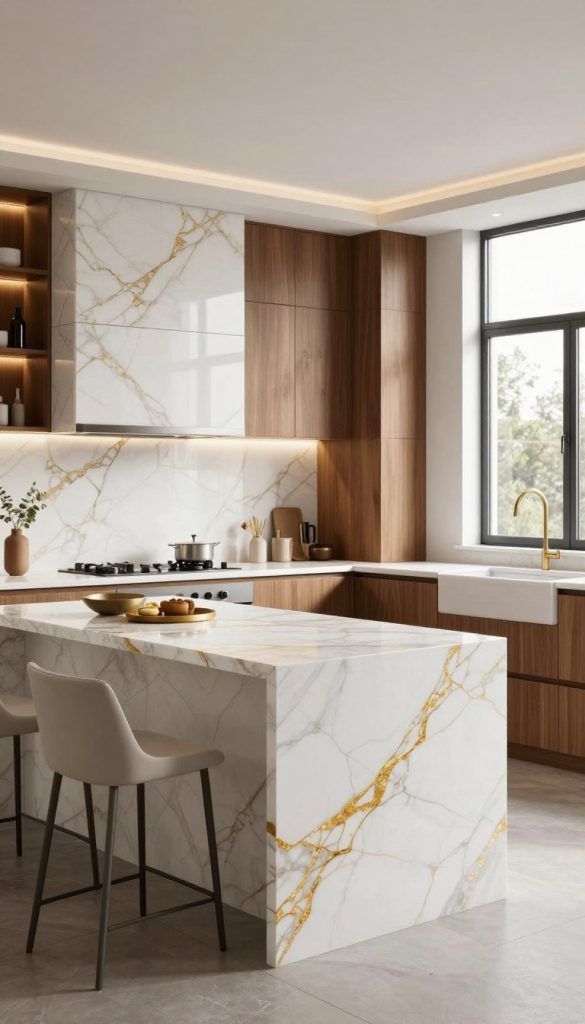 A modern kitchen featuring stunning Calacatta gold marble countertops, showcasing intricate gold veining against a bright white base. The foreground displays a sleek, geometric kitchen island with minimalist bar stools, seamlessly integrated appliances, and stylish decor. In the middle ground, elegant cabinetry combines traditional wood finishes with contemporary design, highlighted by soft ambient lighting that enhances the marble's luxurious shine. The background features large windows allowing natural light to flood the space, illuminating the textures and colors throughout. The atmosphere is sophisticated yet inviting, striking a balance between modern design and timeless elegance to create a visually stunning kitchen idea.