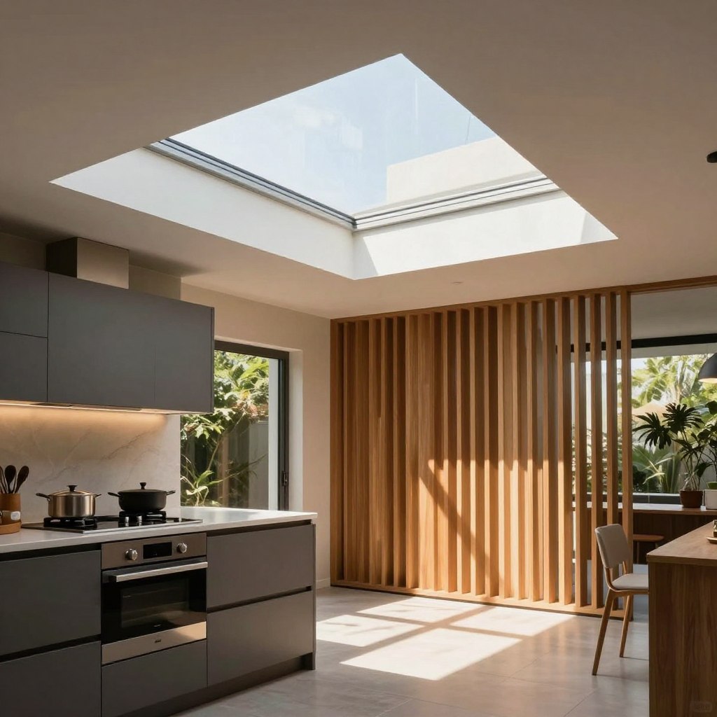 A modern kitchen interior bathed in natural light from a large skylight, featuring sleek skylight battens and innovative light control solutions like adjustable screens. In the foreground, contemporary cooking appliances and a polished countertop showcase an inviting culinary space. The middle ground highlights the stylish battens casting patterned shadows on the floor, while their contrasting colors add warmth to the atmosphere. The background reveals an outdoor view with greenery, enhancing the tranquil vibe. Soft ambient lighting creates a cozy yet vibrant feel, inviting viewers to imagine cooking under both sunlight and stars. The image is captured from a low angle, emphasizing the skylight's grandeur and the interplay of light and shadow, embodying a harmonious blend of functionality and aesthetics.