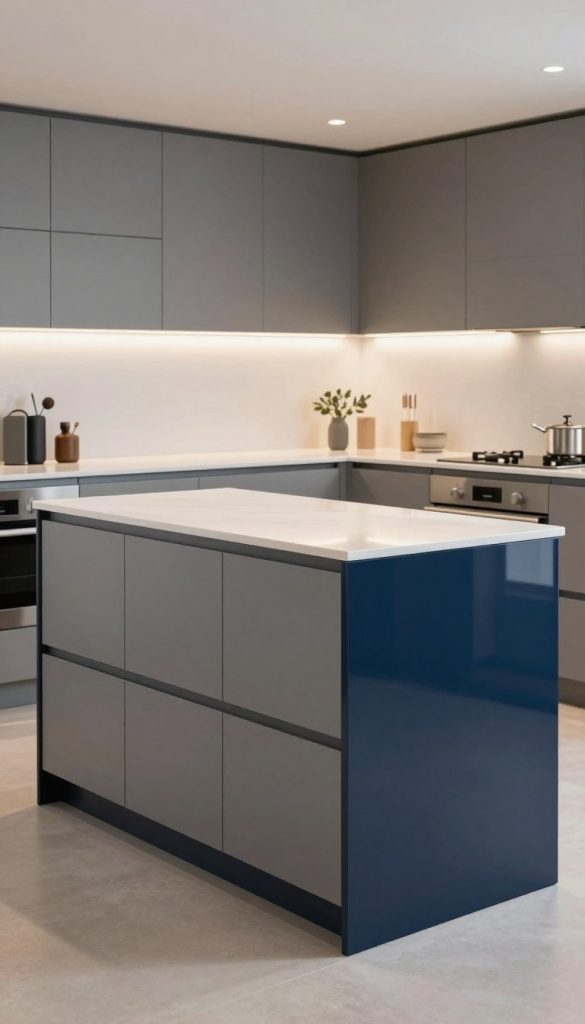 A modern kitchen interior featuring a stunning display of cabinet finishes for comparison. In the foreground, a sleek matte cabinet in a soft grey tone stands next to a striking glossy cabinet in a rich navy blue, highlighting the contrast in textures and light reflection. The middle ground showcases a stylish kitchen island and countertop, enhancing the aesthetic appeal of both finishes. The background consists of bright, contemporary lighting that casts soft, inviting shadows, creating a warm atmosphere. A clean, minimalist style with stainless steel appliances and subtle decorative elements emphasizes a modern luxury vibe. The overall mood evokes sophistication and elegance, perfectly ideal for a feature-by-feature comparison. Use a wide-angle lens for a comprehensive view, ensuring a balanced focus across all elements without any distractions.