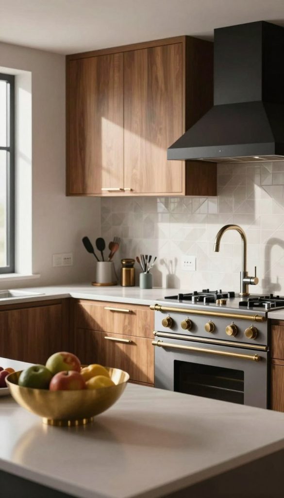 A modern kitchen showcasing a harmonious blend of mixed metals: prominent brass hardware on sleek cabinets, polished chrome faucets with a reflective sheen, and matte black accents on appliances and lighting fixtures. The foreground features a stylish kitchen island with an elegant brass bowl filled with fresh fruits. In the middle, a minimalist countertop displays artisan kitchen tools, creating an inviting atmosphere. The background reveals a well-lit space with geometric tile backsplash, contrasting the warm wood tones of the cabinetry. Natural light streams in through a window, casting soft shadows that enhance the textures of each metal. This image should evoke a sense of modern sophistication and balance, illustrating the effective interplay of dominant, secondary, and accent metals.