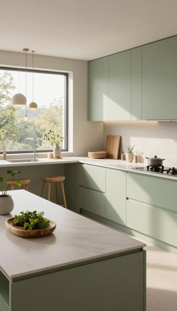 A modern kitchen showcasing a pale sage green color scheme, featuring smooth cabinetry and minimalist design. The foreground includes pristine countertops adorned with natural wooden accents and soft, lush greenery in ceramic planters. In the middle ground, a sleek island with bar stools and minimalist decor enhances the airy feel. The background reveals a large window allowing warm, natural light to flood the space, illuminating the subtle textures of the sage green walls complemented by light wood touches. Elegant, modern lighting fixtures hang above, casting soft shadows and enhancing the serene atmosphere. The overall mood is sophisticated and refreshing, perfect for a tranquil kitchen environment. The composition is captured from a slightly elevated angle to encompass the entire kitchen layout while maintaining a focus on the color palette and natural elements.