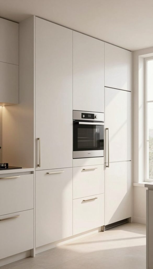 A modern kitchen showcasing concealed appliances seamlessly integrated into custom cabinetry. The foreground features sleek, minimalist cabinetry with a glossy finish in soft white, accented by brushed metal handles. In the middle, built-in appliances such as a refrigerator and oven are hidden behind cabinet doors, maintaining an uncluttered look. Light streams in from a large window in the background, creating a bright, airy atmosphere. The scene is captured from a slightly elevated angle to highlight the clean lines and contemporary design. Warm, natural lighting enhances the textures of the cabinetry, evoking a sense of sophistication and cleanliness. The overall mood is calm and elegant, emphasizing the benefits of a concealed kitchen layout.