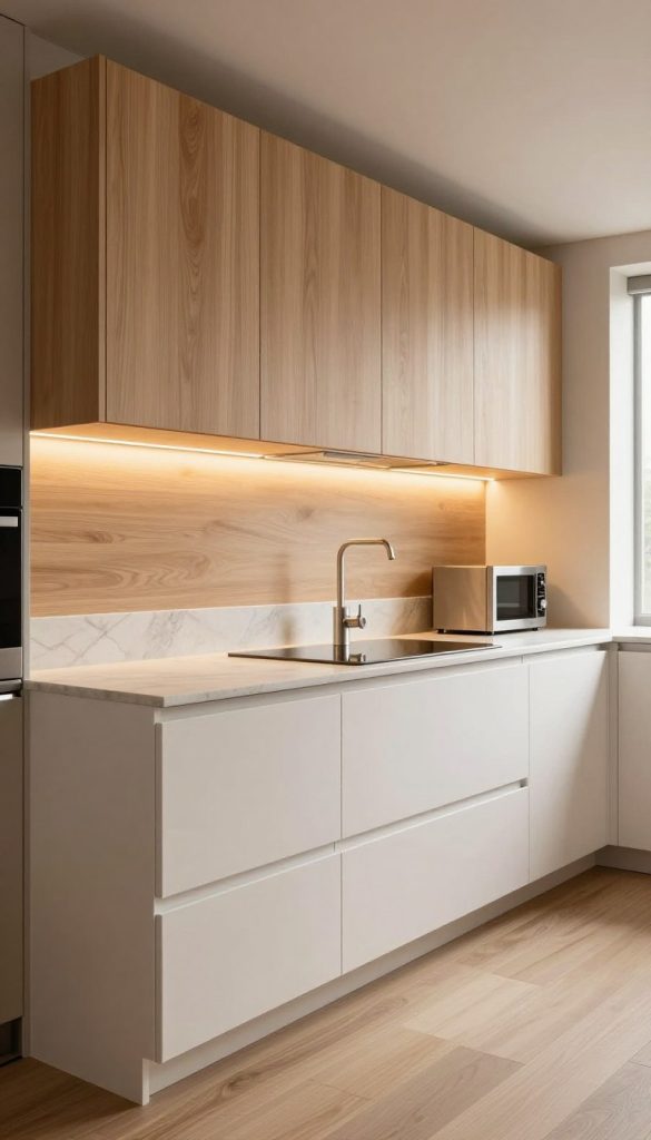 A modern kitchen showcasing elegant white oak floating cabinets with a sleek design, illuminated by soft LED underlighting that casts a warm glow. In the foreground, the cabinets are adorned with minimalist handles, conveying both sophistication and functionality. The middle ground features a stylish countertop with a subtle marble pattern, complemented by contemporary kitchen appliances in stainless steel. A large window in the background allows natural light to spill into the space, enhancing the wood's rich grain and creating a welcoming atmosphere. The overall mood is one of luxury and warmth, with a modern aesthetic that invites comfort. The image should be captured from a slightly elevated angle to highlight the cabinets and countertop beautifully, emphasizing the clean lines and textures.