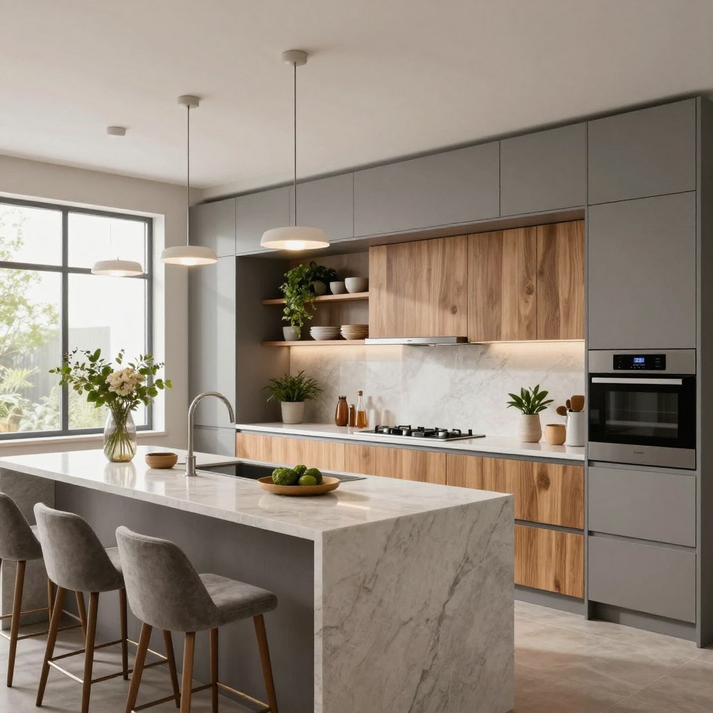 A modern kitchen showcasing the latest renovation trends, featuring stylish curved cabinetry and vibrant designer elements. In the foreground, a sleek kitchen island with a seamless quartz countertop accented by elegant bar stools. The middle of the image highlights open shelving with decorative dishware and chic plants, alongside high-end appliances integrated into custom cabinetry. The background displays large windows allowing natural light to flood the space, with minimalist pendant lighting adding warmth. A muted color palette of soft greys, warm woods, and pops of greenery creates a calming atmosphere. Captured with a wide-angle lens to emphasize spaciousness, the overall mood is contemporary and inviting, perfect for modern living.