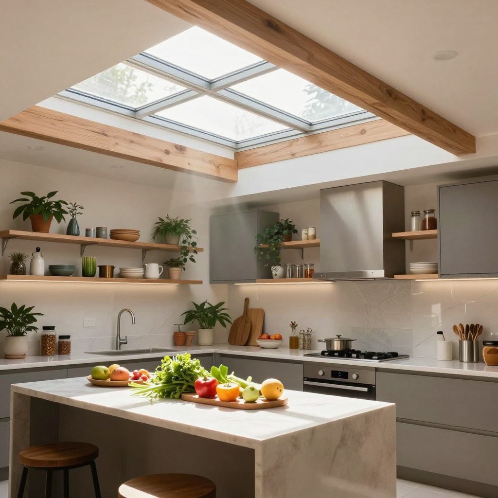 A modern kitchen transformed by a striking skylight, illuminating the space with natural sunlight. In the foreground, a sleek kitchen island features a polished countertop with fresh ingredients, showcasing an inviting cooking space. The middle ground displays a variety of cabinets and open shelving, adorned with plants and stylish kitchenware, accentuating functionality and aesthetics. In the background, a beautifully crafted skylight runs the length of the kitchen, framed by wooden beams, allowing rays of sunlight to flood in and create warm highlights and soft shadows. The atmosphere feels cheerful and airy, evoking a sense of harmony between indoor and outdoor living. The scene is captured from a slightly elevated angle, emphasizing the spaciousness and innovative design of the kitchen.
