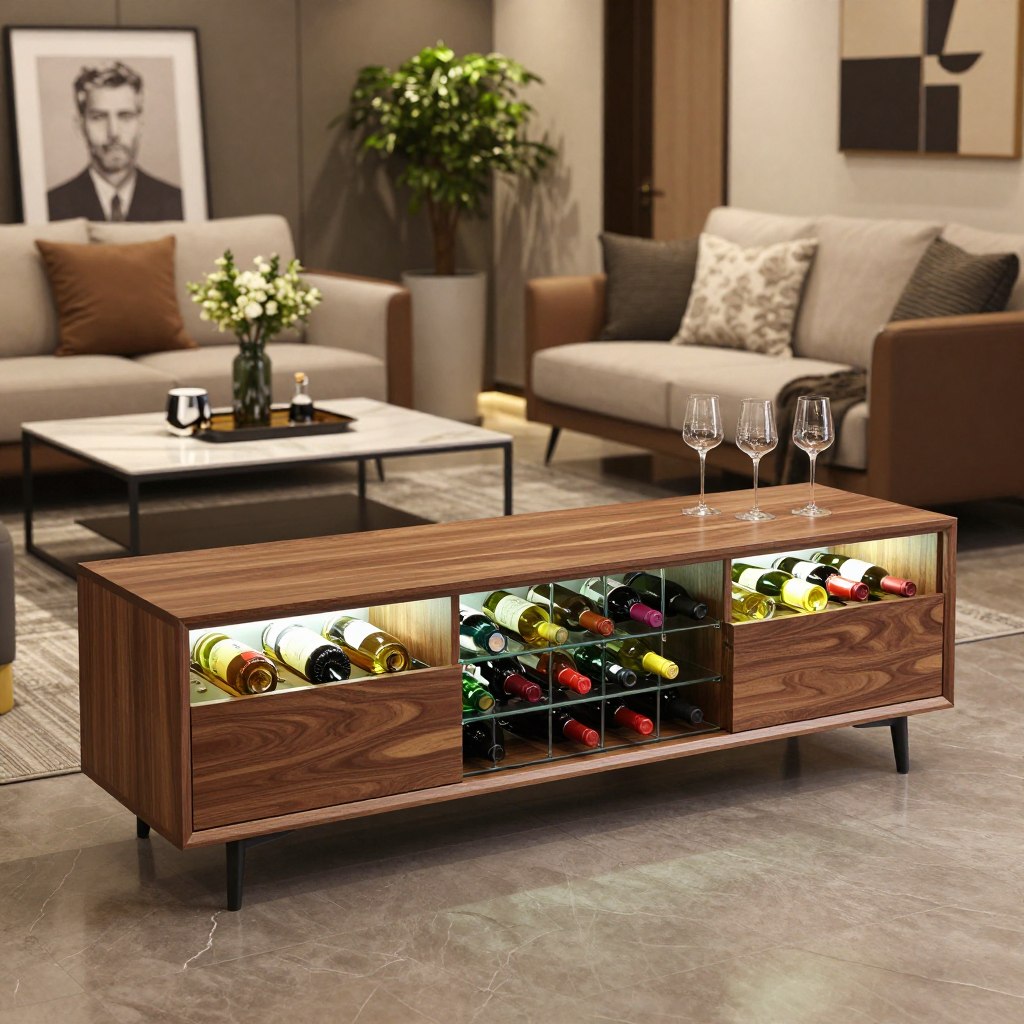 A modern living room featuring an elegant TV stand that incorporates wine storage. In the foreground, display a stylish wooden TV cabinet with several glass wine racks, showcasing an assortment of colorful wine bottles. The rack is neatly organized, with some glasses elegantly hanging above. In the middle ground, a chic sofa and contemporary coffee table complement the design, surrounded by sophisticated decor such as art pieces and greenery. The background includes an inviting and softly lit space, with warm lighting creating a cozy atmosphere. Capture the scene from a slightly elevated angle, enhancing the depth and inviting ambiance of the room, ensuring to convey a harmonious blend of luxury and comfort.