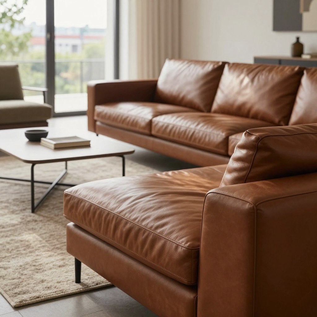 A modern living room featuring bespoke leather seating, showcasing "The Copenhagen Minimalist" design by BoConcept. In the foreground, a sleek, low-profile leather sofa in a rich, deep brown tone, showcasing clean lines and a luxurious finish. The middle ground includes a minimalist coffee table with Scandinavian design elements, complemented by a soft, neutral-toned area rug. In the background, light floods through large windows, highlighting a serene urban view with soft greenery visible. The atmosphere is tranquil and inviting, with warm, natural lighting creating gentle shadows. The scene is captured with a shallow depth of field, emphasizing the elegance of the leather textures while maintaining focus on the overall minimalist aesthetic.