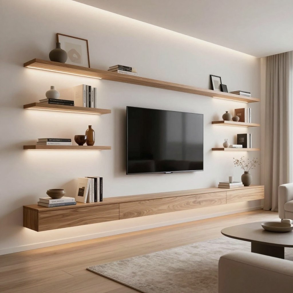 A modern living room featuring innovative floating entertainment centers with integrated shelving. In the foreground, sleek wooden shelves are mounted on a clean white wall, displaying neatly arranged decorative items and books. The middle space showcases a stylish flat-screen TV elegantly floating, surrounded by minimalistic shelving that seamlessly integrates with the decor. Soft ambient lighting highlights the textures and colors, creating a warm inviting atmosphere. In the background, a cozy sofa and a minimal coffee table complement the overall aesthetic, emphasizing a serene, clutter-free environment. Use a soft focus lens effect to enhance the visual appeal, and capture the scene from a slightly elevated angle to showcase the design features prominently. The mood should be sophisticated and contemporary, perfect for a minimalist living room.