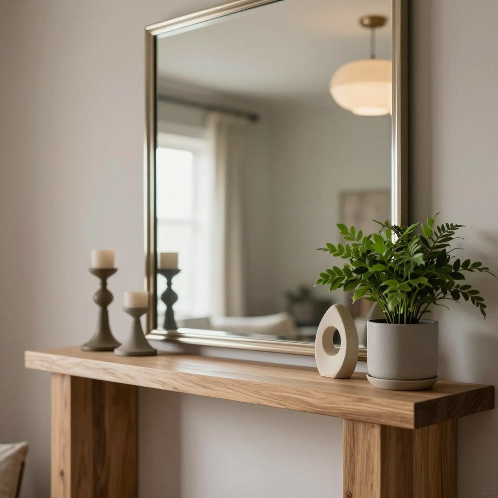 A modern living room mantle decor, showcasing an elegantly styled mantle with a mix of decorative elements. In the foreground, a minimalist wooden mantle holds a pair of contemporary candleholders, a small abstract sculpture, and a vibrant green plant in a sleek pot. The middle ground features a large mirror framed in a stylish metallic finish, reflecting soft, warm lighting from an overhead fixture. The background displays a softly blurred wall painted in a muted tone, with subtle texture adding depth. The scene is bathed in natural light, creating a cozy and inviting atmosphere. The composition is viewed from a low angle to emphasize the decor, evoking a sense of sophistication and tranquility. No people are depicted in the image, ensuring a focus on the decor itself.