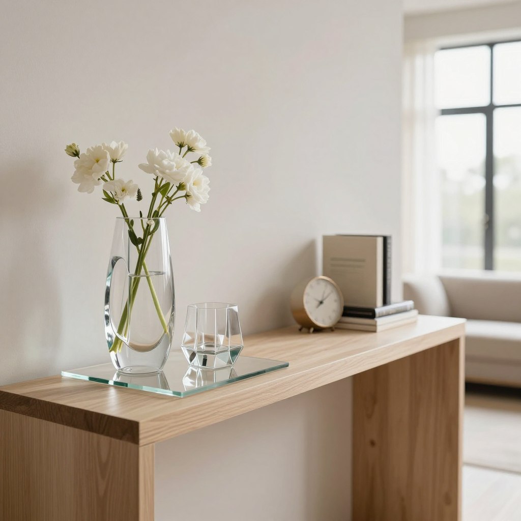 A modern living room mantle decorated with minimalist elegance, featuring sleek glass elements. In the foreground, a polished glass vase in an abstract shape holds delicate white flowers, complementing a geometric glass candle holder. In the middle, the mantle itself is a smooth, light-colored wood, adorned with a minimalist clock and a few carefully placed decorative books. The background showcases a softly blurred living room with neutral tones and natural light streaming in from a large window, creating a warm and inviting atmosphere. The image should capture the essence of restrained sophistication, emphasizing clarity and simplicity, with a focus on natural lighting that creates gentle reflections on the glass surfaces.