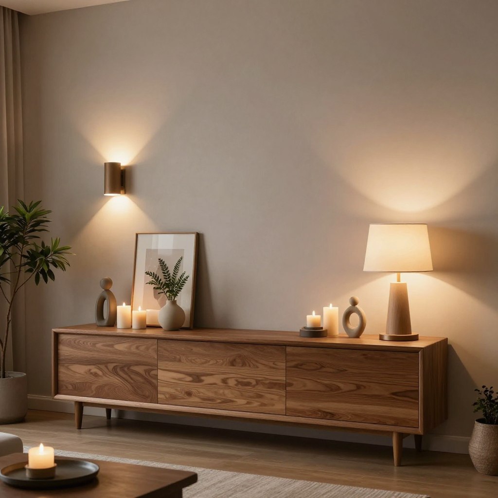 A modern living room mantle elegantly styled with layered decor and ambient lighting. In the foreground, a sleek wooden mantle adorned with neatly arranged decorative objects, including a mix of candles, small plants, and artful sculptures. In the middle ground, a stunning array of lighting sources, including a wall-mounted sconce and a stylish table lamp, casting a warm glow across the display. The background features a softly textured wall painted in muted tones to enhance the lighting effects. A wide-angle perspective captures the entire setting, showcasing the interplay of light and shadow that creates a cozy and inviting atmosphere. The image should evoke a sense of modern sophistication and tranquility, perfect for illustrating layered lighting techniques in home decor.