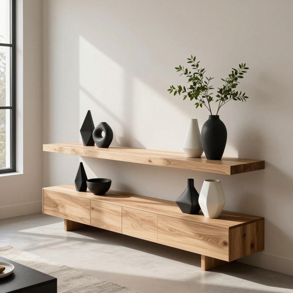 A modern living room mantle showcasing contemporary decor featuring clean lines and geometric shapes. In the foreground, a sleek, minimalistic mantle made from polished light wood, adorned with a few artfully arranged sculptural pieces in matte black and white. The middle section displays stylish, angular vases filled with minimalist greenery, all harmonizing with a crisp, symmetrical arrangement. The background features a softly lit wall in a neutral tone, accentuating the space's warmth and sophistication. Natural light cascades through a nearby window, casting gentle shadows that enhance the serene atmosphere while maintaining focus on the mantle. The angle should be a slight bird’s-eye view, capturing the harmonious balance of geometric design and inviting style, evoking a sense of modern tranquility.