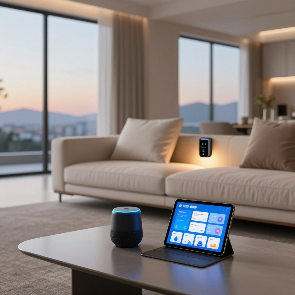 A modern living room showcasing invisible smart home technology seamlessly integrated into the decor. In the foreground, a sleek, minimalist coffee table holds a smart speaker and a tablet displaying a smart home app. The middle ground features a stylish sofa with built-in charging stations and smart lighting hidden within the furniture, emitting a soft, warm glow. In the background, large smart windows display dynamic scenery, adjusting brightness according to the time of day, creating an inviting atmosphere. The overall mood is sophisticated, with soft, natural lighting from the windows and a clean, airy design. The angle captures the essence of innovation in a contemporary home setting, with a focus on functionality and elegance. A modern living room showcasing invisible smart home technology seamlessly integrated into the decor. In the foreground, a sleek, minimalist coffee table holds a smart speaker and a tablet displaying a smart home app. The middle ground features a stylish sofa with built-in charging stations and smart lighting hidden within the furniture, emitting a soft, warm glow. In the background, large smart windows display dynamic scenery, adjusting brightness according to the time of day, creating an inviting atmosphere. The overall mood is sophisticated, with soft, natural lighting from the windows and a clean, airy design. The angle captures the essence of innovation in a contemporary home setting, with a focus on functionality and elegance.