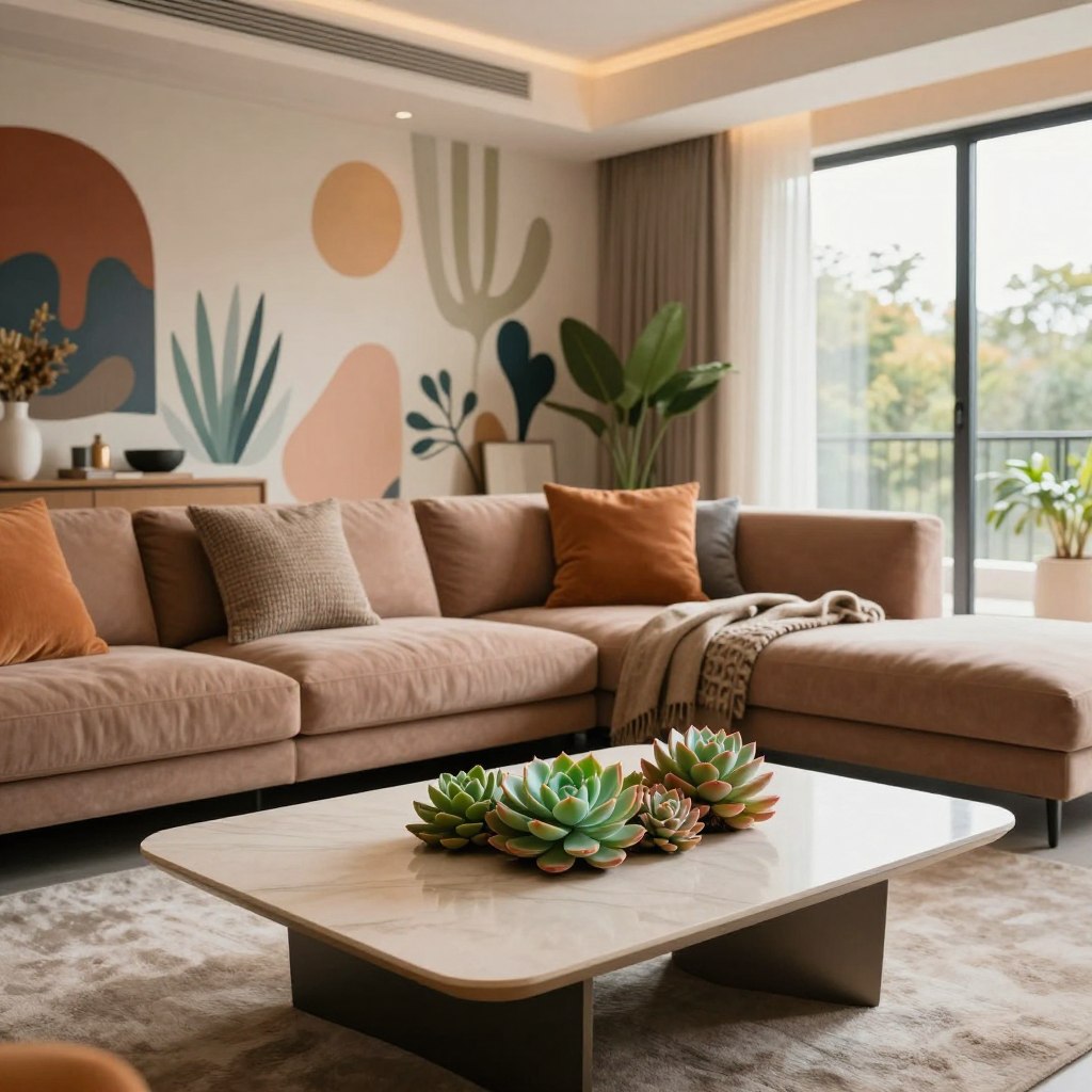 A modern living room showcasing the latest home decor trends of 2026. In the foreground, a sleek, minimalist coffee table with a geometric design and an arrangement of vibrant, sculptural succulents. The middle section features a cozy sectional sofa in soft earth tones, adorned with textured cushions and a stylish throw blanket. Behind the sofa, a feature wall displays a striking mural with organic shapes and colors inspired by nature. The background reveals large windows that let in warm, natural light, enhancing the inviting atmosphere. Use a wide-angle lens perspective to capture depth, creating a welcoming, airy vibe. The mood should be contemporary and harmonious, reflecting the evolving landscape of interior design while maintaining a professional aesthetic suitable for a design article.