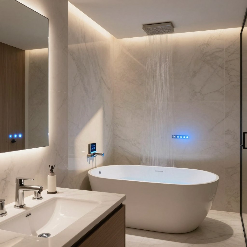 A modern, luxurious bathroom featuring automated bathroom accessories with smart lighting and climate control. In the foreground, sleek, high-tech fixtures like a smart mirror displaying ambient light settings and a touchless faucet with LED indicators. In the middle, an elegant freestanding tub with automated water temperature control, surrounded by subtle, adjustable lighting that transitions from warm to cool tones. The background showcases a stylish rain shower with integrated climate sensors, ensuring optimal comfort. Soft shadows and highlights create a serene atmosphere, with a clean, minimalist design emphasized by natural materials like marble and wood. The lighting is soft and inviting, illuminating the space while enhancing the sophistication of the technology.