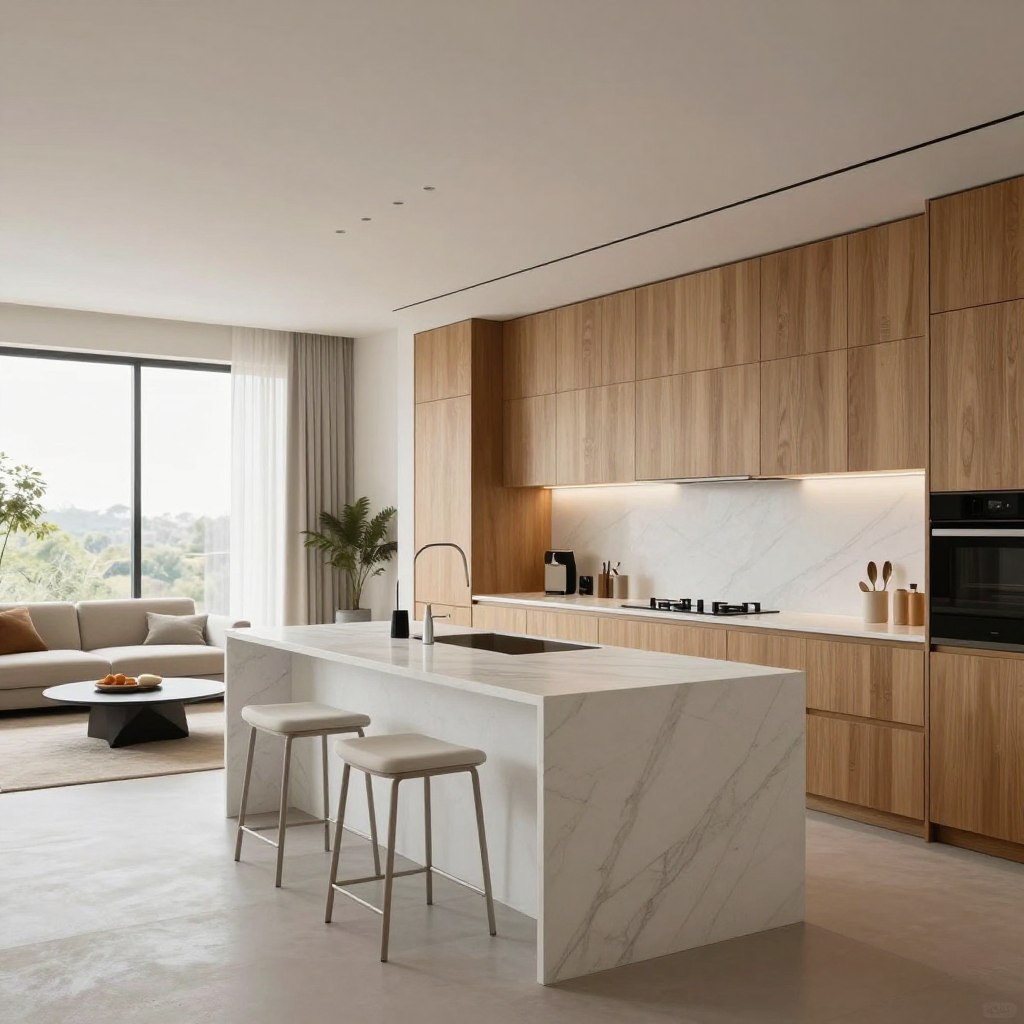 A modern minimalist open kitchen and living room design, featuring sleek cabinetry in warm oak tones contrasted with white surfaces, creating a serene luxury ambiance. The foreground shows a white marble kitchen island with minimalistic bar stools, set against a backdrop of open space. In the middle ground, large floor-to-ceiling windows invite natural light, highlighting the airy layout. The living area showcases a chic sofa in neutral tones with a geometric coffee table. A soft area rug underlines the space, incorporating subtle textures. In the background, hints of greenery from indoor plants add a touch of nature. The lighting is soft and diffused, evoking a calm atmosphere, captured through a wide-angle lens that emphasizes the spaciousness.