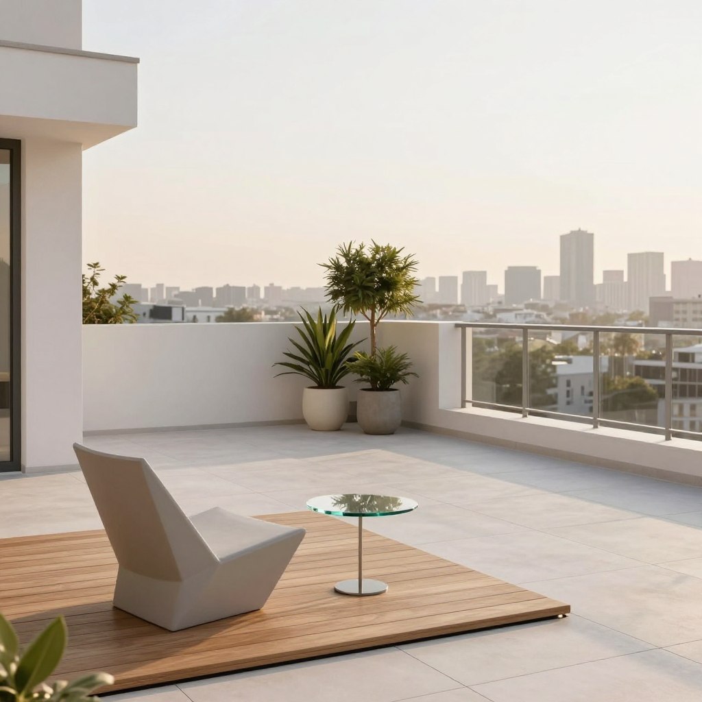 A modern minimalist terrace design, showcasing a clean layout with open spaces, sleek furniture, and neutral colors like white, beige, and soft gray. In the foreground, a simple, elegant wooden deck with a single, geometric lounge chair and a small glass table. The middle ground features a couple of potted green plants, adding a touch of nature, and minimalist railings maintaining the unobstructed view. The background offers a panoramic city skyline, bathed in warm, golden hour sunlight that creates gentle shadows. The scene should evoke a serene and sophisticated atmosphere, with a focus on simplicity and elegance. The camera should be positioned at a slight angle to capture the depth of the terrace, emphasizing the clean lines and harmonious layout.
