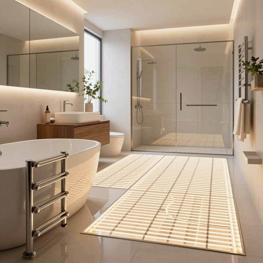 A modern open-concept bathroom featuring underfloor heating, with sleek, polished tiles emitting a soft, warm glow. The foreground showcases elegant towel warmers installed beside a freestanding bathtub, reflecting a minimalist design with clean lines. In the middle section, eye-catching bathroom fixtures like a stylish sink and a spacious shower area filled with glass panels create a sense of openness. The background depicts large windows allowing natural light to flood the space, enhancing the airy atmosphere. The color palette combines neutral tones with hints of greenery from potted plants, promoting tranquility. The scene is illuminated by warm LED lighting, creating a welcoming and relaxing mood. The perspective is at a slight angle to emphasize depth, showcasing the seamless combination of underfloor heating and towel warmers in this sophisticated layout.