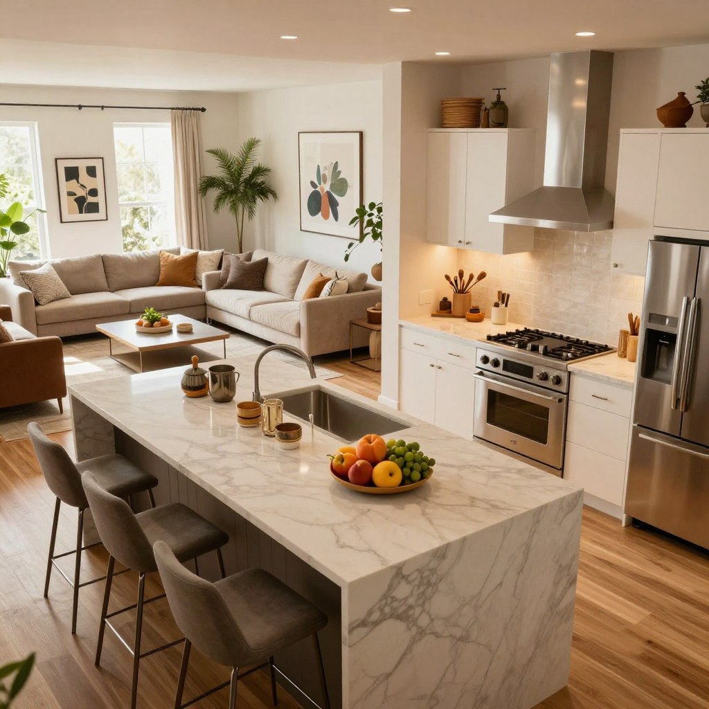 A modern open concept kitchen and living room featuring a stylish central island. In the foreground, the island is adorned with sleek bar stools, topped with fresh fruit and decorative kitchenware. The kitchen area showcases stainless steel appliances, white cabinets, and a striking marble countertop. In the middle, the living room has a cozy sectional sofa with plush cushions and a chic coffee table, surrounded by tasteful decor such as plants and artwork. The background reveals large windows that allow natural light to spill in, enhancing the airy atmosphere. The setting is bathed in warm, inviting lighting, creating a harmonious and welcoming mood. Capture this scene from a slightly elevated angle to emphasize the layout and spaciousness.