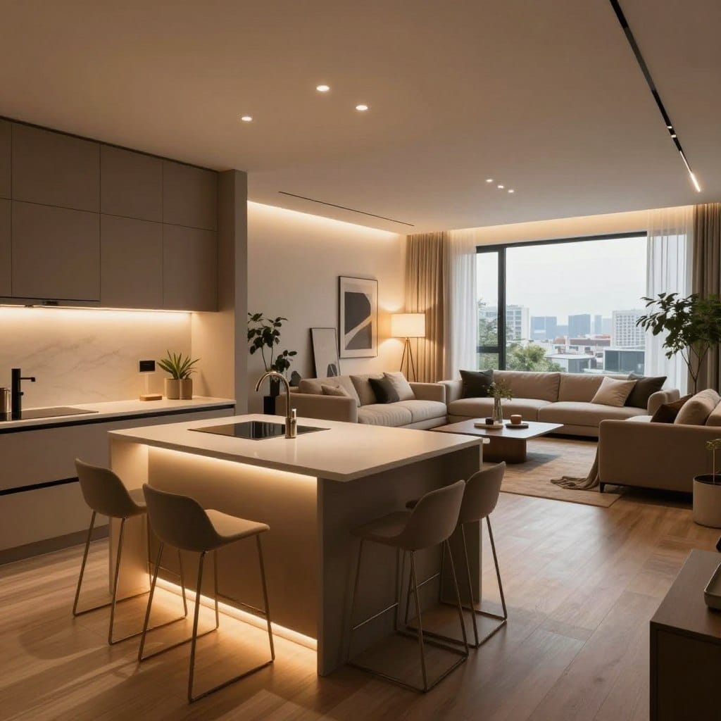 A modern open concept kitchen and living room layout, elegantly designed with smart lighting features highlighting both spaces. The foreground showcases a sleek kitchen island with minimalist bar stools, adorned with warm LED under-cabinet lights. The middle section features a spacious living room with a plush sofa facing a contemporary coffee table. Ambient overhead lights create a cozy atmosphere, while strategically placed floor lamps add depth. In the background, large windows provide natural light, revealing a cityscape outside. Include plants and decor that complement the modern aesthetic. The angle is slightly elevated, capturing the spaciousness and flow of the layout, evoking a sense of comfort and sophistication in this inviting setting.