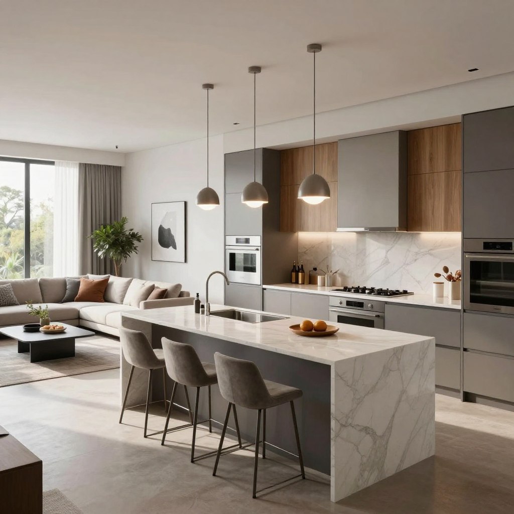 A modern open concept kitchen and living room layout, featuring a sleek island at the center. In the foreground, the island showcases a white marble countertop with stylish bar stools and elegant pendant lighting hanging above. The middle ground reveals a spacious kitchen equipped with high-end stainless steel appliances, custom cabinetry with a minimalist design, and a harmonious blend of colors like soft grays and warm woods. The living area includes a cozy sectional sofa adorned with plush cushions, a chic coffee table, and decorative accents, all bathed in natural light streaming through large windows. In the background, subtle indoor plants add a touch of greenery, enhancing the serene and inviting atmosphere of the space. Capture the image from a slightly elevated angle, focusing on the flow and connectivity of the layout. A modern open concept kitchen and living room layout, featuring a sleek island at the center. In the foreground, the island showcases a white marble countertop with stylish bar stools and elegant pendant lighting hanging above. The middle ground reveals a spacious kitchen equipped with high-end stainless steel appliances, custom cabinetry with a minimalist design, and a harmonious blend of colors like soft grays and warm woods. The living area includes a cozy sectional sofa adorned with plush cushions, a chic coffee table, and decorative accents, all bathed in natural light streaming through large windows. In the background, subtle indoor plants add a touch of greenery, enhancing the serene and inviting atmosphere of the space. Capture the image from a slightly elevated angle, focusing on the flow and connectivity of the layout.