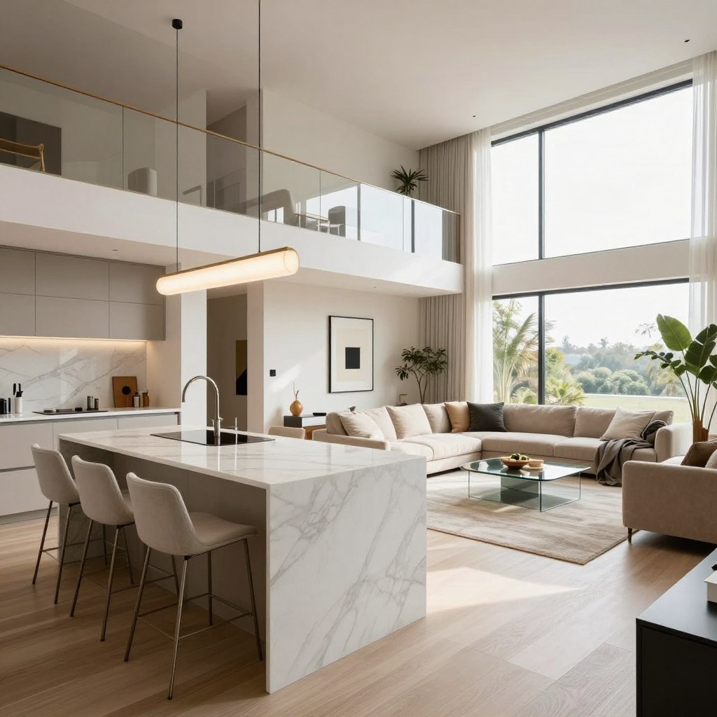 A modern open concept kitchen living room layout featuring a multi-level zoning design. In the foreground, a sleek kitchen island made of white marble with stylish bar stools and contemporary pendant lighting. The middle ground shows a spacious living area with plush, neutral-toned sofas, a glass coffee table, and a striking accent wall adorned with minimalist artwork. The background includes large floor-to-ceiling windows that let in natural light, highlighting indoor plants and a tasteful area rug. The mood is bright and inviting, with a warm color palette. Capture the scene using a wide-angle lens from a low angle to emphasize the airy feeling of the layout, showcasing a seamless flow between spaces. Focus on a clean, modern aesthetic without any people in the image. A modern open concept kitchen living room layout featuring a multi-level zoning design. In the foreground, a sleek kitchen island made of white marble with stylish bar stools and contemporary pendant lighting. The middle ground shows a spacious living area with plush, neutral-toned sofas, a glass coffee table, and a striking accent wall adorned with minimalist artwork. The background includes large floor-to-ceiling windows that let in natural light, highlighting indoor plants and a tasteful area rug. The mood is bright and inviting, with a warm color palette. Capture the scene using a wide-angle lens from a low angle to emphasize the airy feeling of the layout, showcasing a seamless flow between spaces. Focus on a clean, modern aesthetic without any people in the image.
