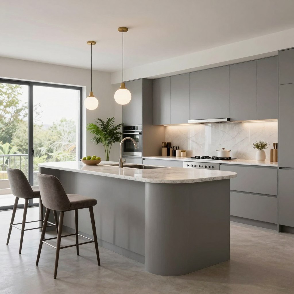 A modern open kitchen featuring a stylish curved kitchen island at its center. The island is topped with a sleek quartz countertop, complementing the elegant cabinetry in soft gray tones. Surrounding the island are sophisticated bar stools in muted colors, inviting for a casual dining experience. In the background, large windows allow natural light to flood the space, enhancing the airy and open atmosphere. A lush indoor plant adds a touch of greenery, while contemporary pendant lights hang above the island, casting a warm glow. The scene is shot from a low angle, emphasizing the curves of the island, with a focus on clean lines and minimalistic design. The overall mood is inviting and functional, showcasing seamless movement and flow in the kitchen.