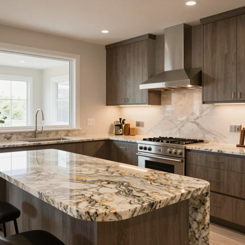 A modern open kitchen showcasing various durable materials and surfaces, emphasizing style and functionality. In the foreground, a sleek, curved kitchen island made of polished granite with vibrant veining catches the eye. The middle section features cabinetry with a textured wood finish, surrounded by stainless steel appliances reflecting ambient light. The background displays an expansive view of a bright, airy space with large windows allowing natural light to illuminate the kitchen. Soft, warm lighting creates an inviting atmosphere while highlighting the intricate details of the materials. The overall mood conveys elegance and durability, representing a perfect blend of design and practicality in open kitchen renovations. A modern open kitchen showcasing various durable materials and surfaces, emphasizing style and functionality. In the foreground, a sleek, curved kitchen island made of polished granite with vibrant veining catches the eye. The middle section features cabinetry with a textured wood finish, surrounded by stainless steel appliances reflecting ambient light. The background displays an expansive view of a bright, airy space with large windows allowing natural light to illuminate the kitchen. Soft, warm lighting creates an inviting atmosphere while highlighting the intricate details of the materials. The overall mood conveys elegance and durability, representing a perfect blend of design and practicality in open kitchen renovations.