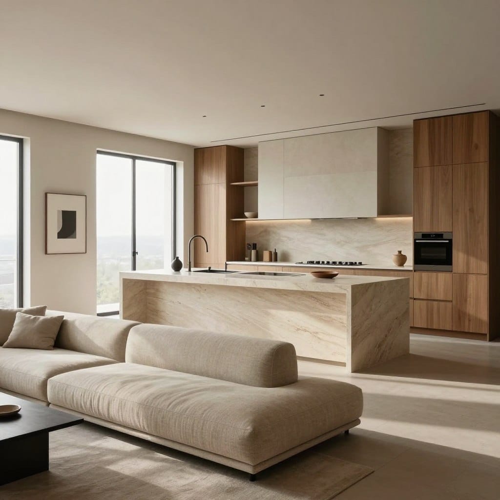 A modern open living space that embodies minimalist luxury, featuring a harmonious blend of textures such as smooth stone countertops, soft textiles, and polished wood. In the foreground, a sleek, low-profile sofa with rich, tactile fabric invites comfort. The middle ground showcases an elegant kitchen with a large island, adorned with minimalist decor and high-end appliances, all lit by soft, natural light pouring in through expansive windows. In the background, minimalist art pieces complement the neutral palette, creating a serene atmosphere. The scene is captured from a slightly elevated angle, using a wide lens, emphasizing the open layout and inviting ambience, while casting gentle shadows that enhance the tactile quality of surfaces, evoking a sense of refined sophistication.