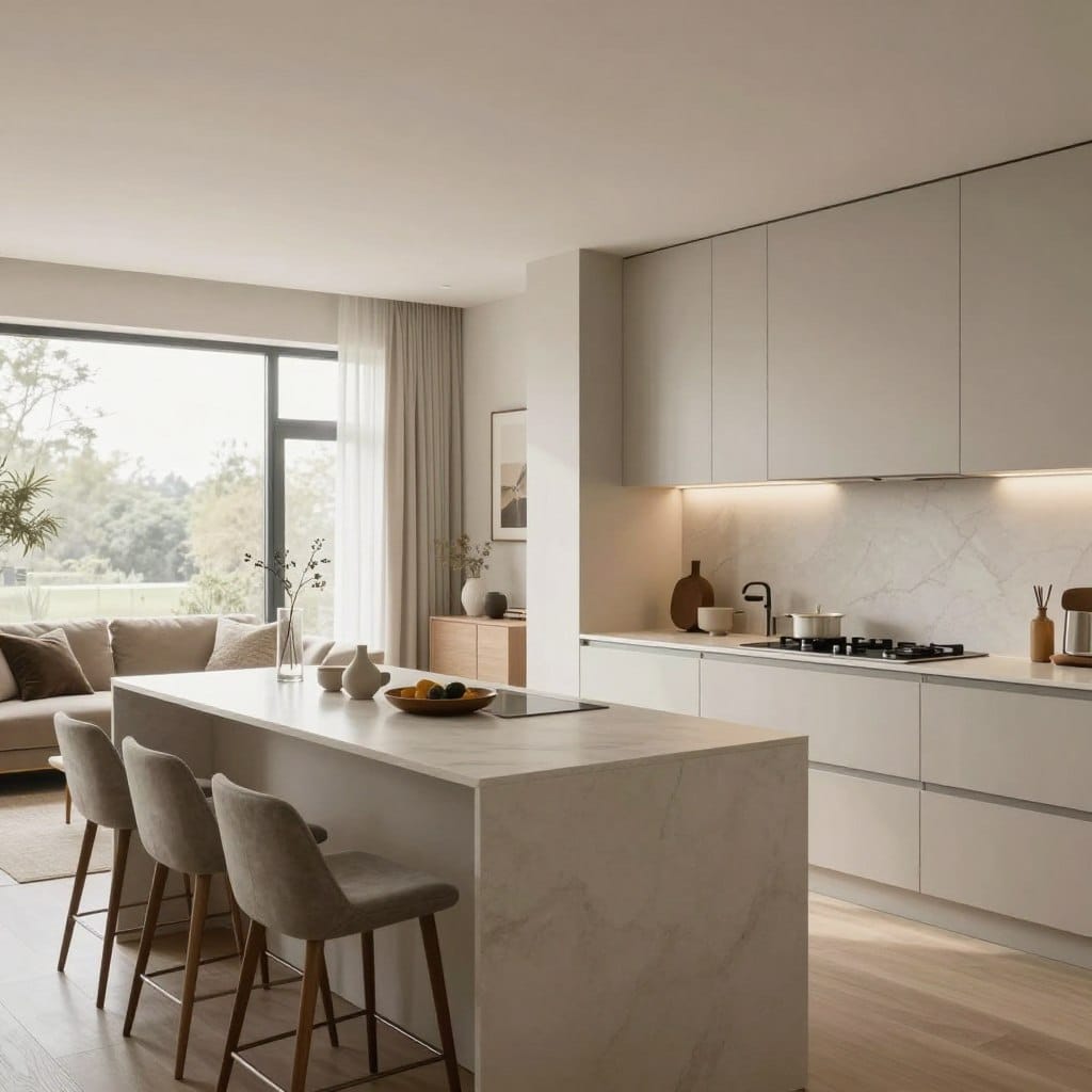 A modern open plan kitchen seamlessly integrated with a cozy living room, featuring a cohesive neutral color palette of soft beiges, whites, and greys. In the foreground, a sleek kitchen island with bar stools invites casual gatherings. The middle section showcases a stylish living area with a plush sofa and decorative cushions that harmonize with the kitchen colors. Large windows allow natural light to fill the space, creating a warm and inviting atmosphere. The background reveals minimalistic cabinetry and tasteful decor, emphasizing functionality and elegance. Capture the scene from a slight angle to enhance depth, using soft, diffused lighting for an airy feel that promotes relaxation and comfort.